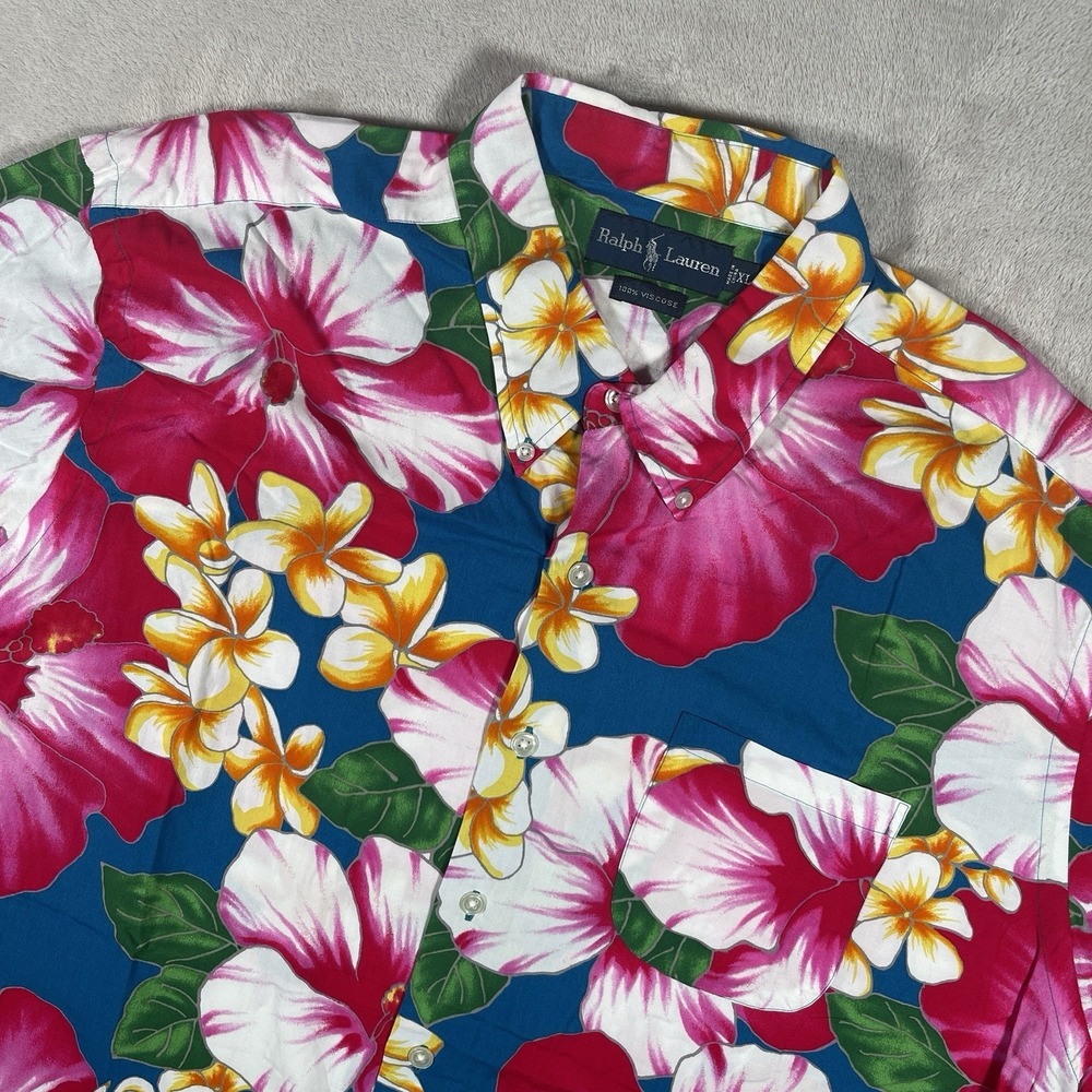 Ralph Lauren Orchid Floral 100% Viscose Hawaiian Shirt Short Sleeve Mens XL